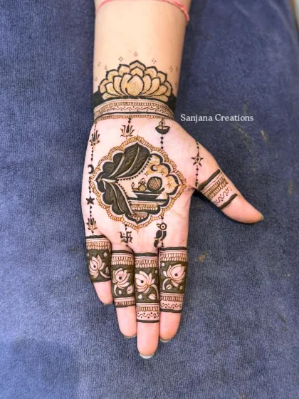 A beautiful and symbolic Karwachauth design featuring the puja thali and other ritual elements.