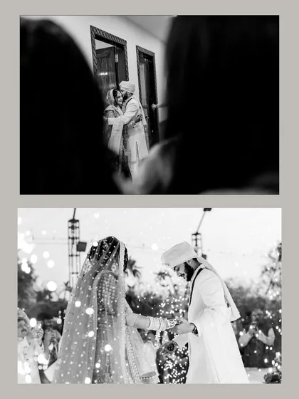 A black and white collage showing a reflection of the couple's embrace and a candid moment from their ceremony, telling a story of intimacy and celebration.