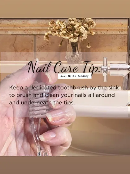 A simple but effective nail care tip: use a dedicated soft brush to gently clean your nails and underneath the tips to maintain hygiene and keep them looking fresh.