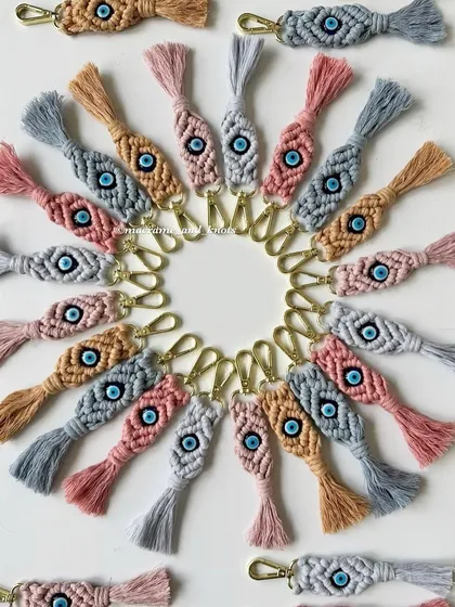 Perfect for bulk orders, these macrame evil eye keychains are a popular choice for return gifts. I make them in a variety of soft, beautiful colors, so you can pick the perfect palette to match your event's theme.