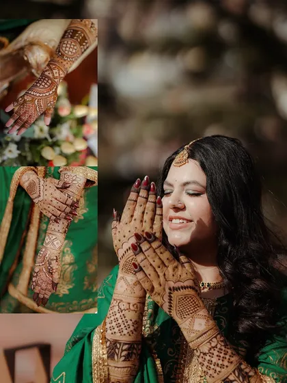A collage focusing on the beautiful, detailed Mehandi art on a bride's hands, capturing her serene expressions as she shows it off.