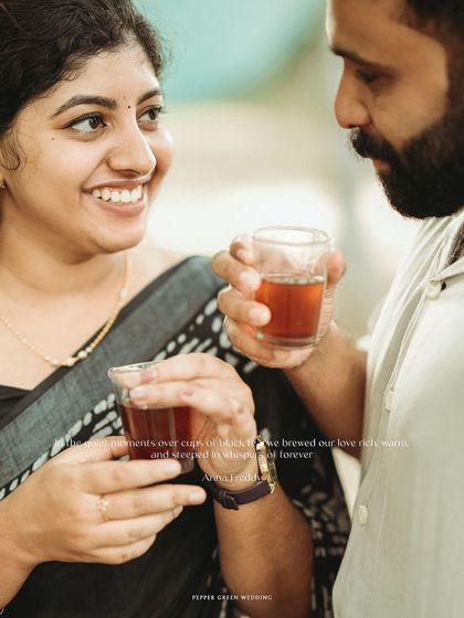 Sharing a cup of traditional black tea, this intimate moment from a Fort Kochi pre-wedding shoot tells a story of shared secrets and simple pleasures.