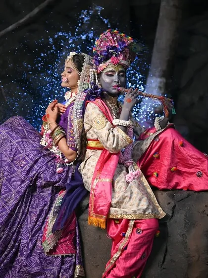 A dramatic and artistic portrayal of Radha and Krishna for Janmashtami.