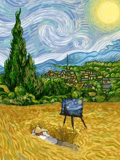 After a long night of painting the stars, the artist finally rests in the wheatfield as the sun rises. His finished "Starry Night" sits on the easel, a testament to the work done in the darkness, now illuminated by the light of a new day.
