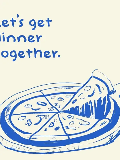 A charming illustration inviting you to get dinner together with us, featuring a classic pizza ready to be shared.
