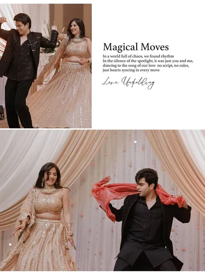 A collage of the couple's dance performance at their Roka, capturing their "Magical Moves" and synchronized steps.
