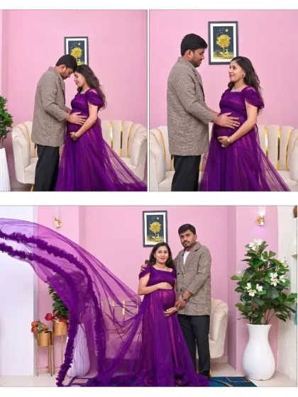 This collage highlights the beauty of our purple tulle gown in a variety of poses. It includes intimate couple's shots as well as a dramatic full-length portrait with the flowing train.