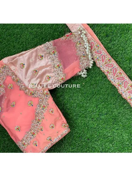 A delicate peach-colored blouse with sheer net sleeves. The blouse features intricate zardozi and pearl embroidery, with a beautiful paisley border designed for the waist.