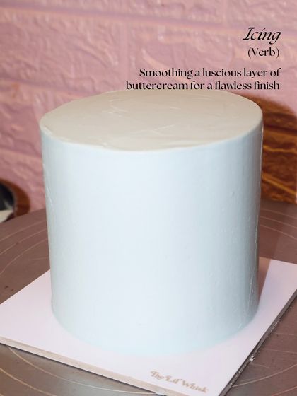 Cake decorating, defined. First up: Icing. This is the process of smoothing a luscious layer of buttercream for a flawless finish, creating the perfect blank canvas.