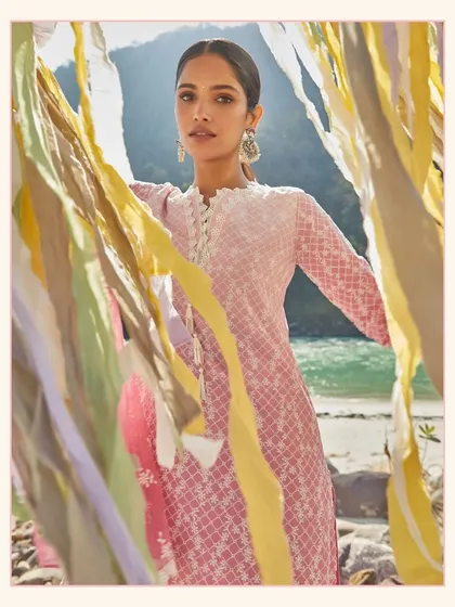 An artistic shot of Khushi Kapoor in the Venna Kurta Set. The soft Mulmul fabric flows beautifully, making it perfect for any setting.