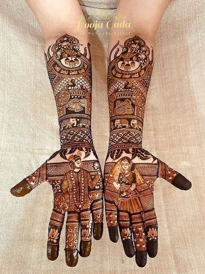 The full view of the bridal mehendi, combining spiritual elements with personal portraits for a truly unique and blessed design.