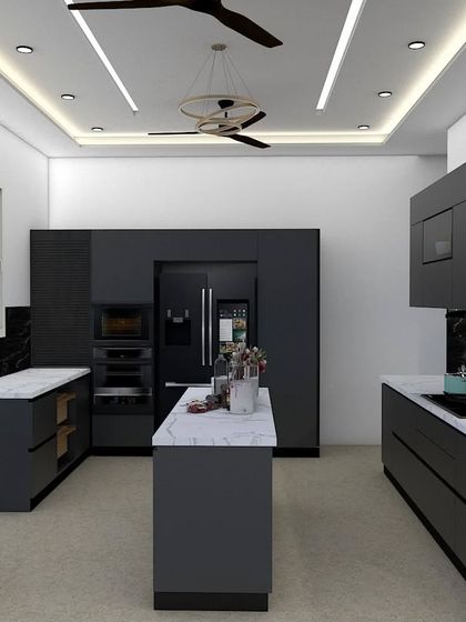 This perspective showcases the kitchen's appliance wall, with a built-in oven, microwave, and refrigerator seamlessly integrated into the dark cabinetry. This approach creates a cohesive and highly functional cooking zone.