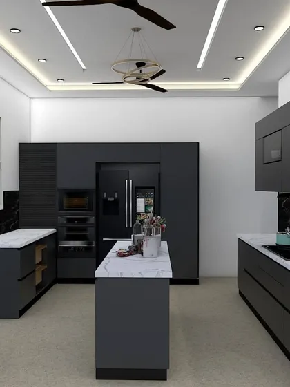 This angle showcases the kitchen's spacious layout and the effective use of vertical storage. The combination of closed cabinets and open shelving provides a balance of hidden organization and stylish display.