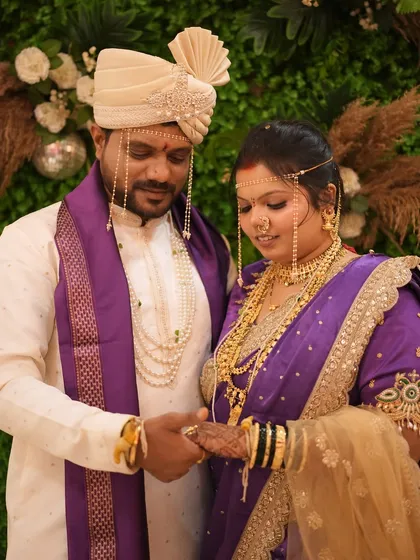 A beautiful couple moment from their wedding day. I provided subtle grooming for the groom to complement the bride's traditional Maharashtrian look.