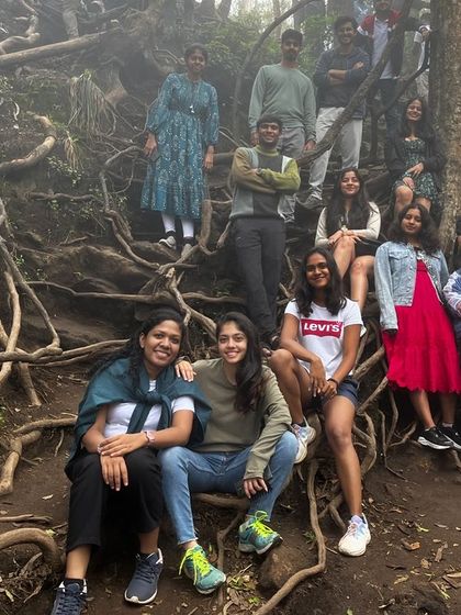 Another great shot of our group enjoying the unique landscape of the root-covered forest floor.