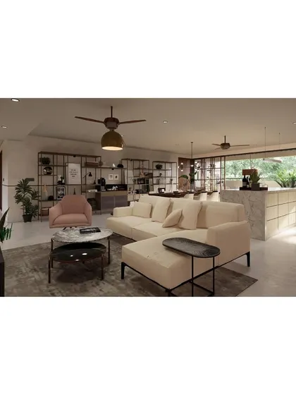 An open-plan living and kitchen render for 'Residence at Hutchins'.