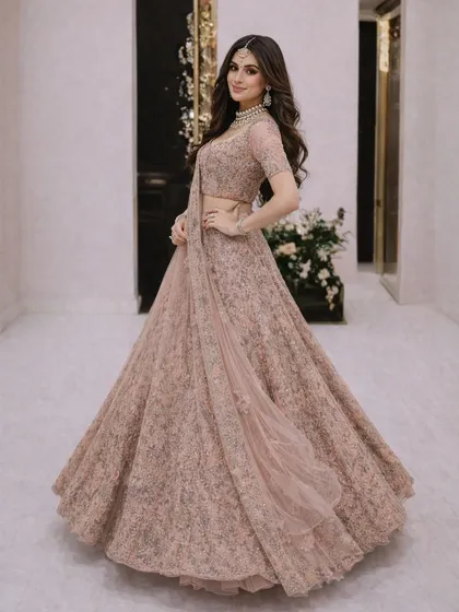 This pose showcases the flattering silhouette of the dusty pink lehenga, with its fitted blouse and voluminous, flowing skirt.