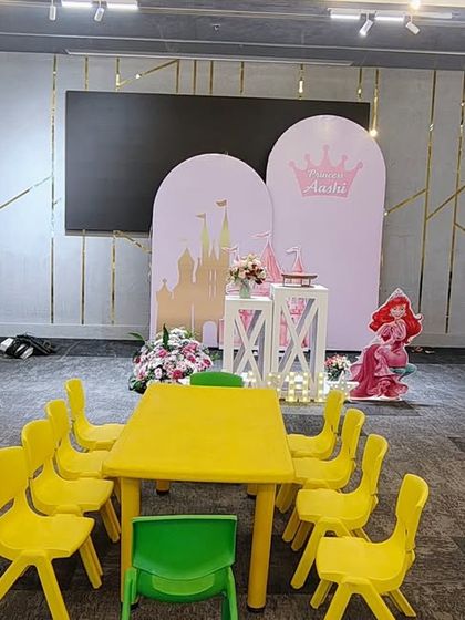 A behind-the-scenes look at the princess castle setup, showing the scale of the backdrops in the venue.