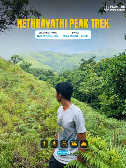 A trekker looks out over the green landscape of the Netravathi Peak trek.