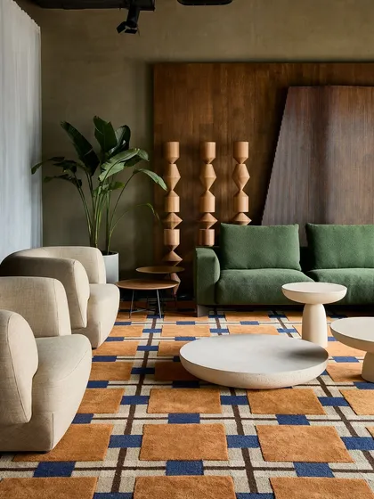 A living room vignette from the Ventura furniture gallery in Hyderabad. I designed the store as a series of 'mini homes' to help customers visualize the pieces in a real setting. This scene combines organic modern furniture, a bold geometric rug, and layered wood wall panels to create a warm, sophisticated atmosphere.