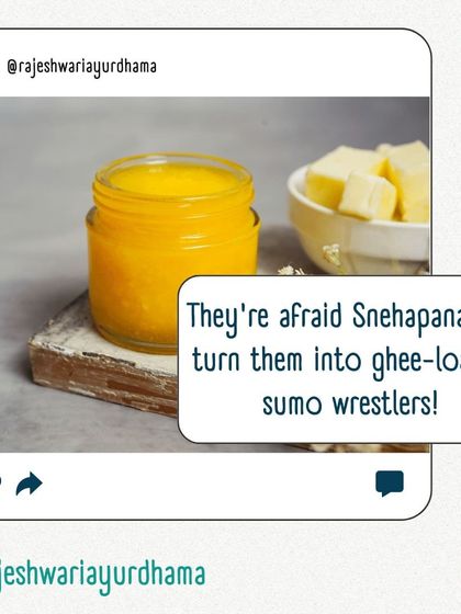 A common and funny fear we hear is that Snehapana (medicated ghee consumption) will lead to weight gain. In reality, it is a crucial step to lubricate the body from within and pull out fat-soluble toxins.