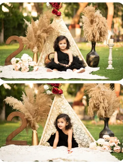 A collage from an outdoor second birthday shoot with a boho teepee setup. The natural lighting and green background create a beautiful, earthy feel.