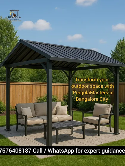 A classic garden gazebo with a metal hip roof, providing a durable and weatherproof shelter. This structure creates a charming and functional focal point for any backyard, perfect for housing outdoor furniture.
