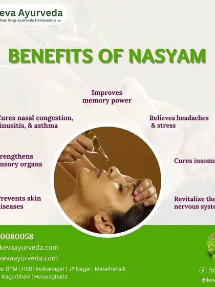 Nasyam is a Panchakarma therapy that purifies the nasal passages to eliminate headaches, migraines, and sinus issues. It also strengthens sensory organs and improves memory.