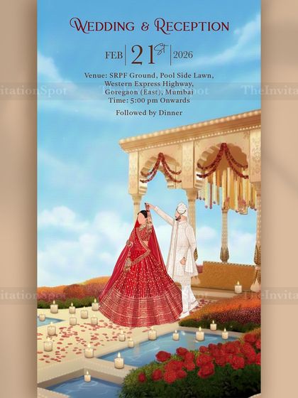 A beautiful illustrated invitation for a wedding and reception. I focused on creating a romantic scene with the couple under a traditional mandap, surrounded by candles and roses, to capture the magic of their big day.