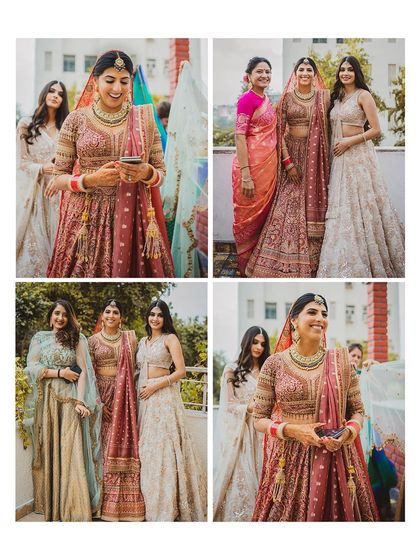 A collage of the bride and her bridesmaids, capturing candid moments of laughter and preparation.