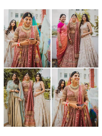 A collage of the bride and her bridesmaids, capturing candid moments of laughter and preparation.