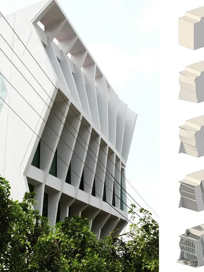A close-up of the warped fins on the SPKCO facade, with diagrams showing the parametric process used to generate them. This project was an early exploration for us in using computational tools to create complex forms.
