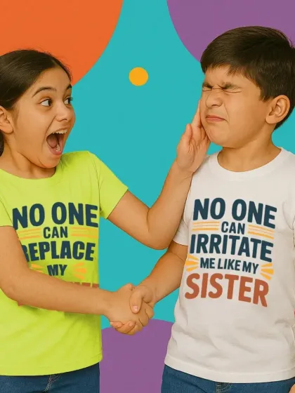 "No one can irritate me like my sister." A funny and relatable message for brothers everywhere, paired with a "No one can replace my..." tee for the sister.