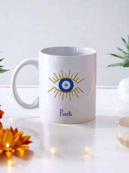 This personalized evil eye mug is a great way to wish someone well. I added the name 'Preeti' below the golden evil eye design, making it a unique and protective gift for her to use every day.
