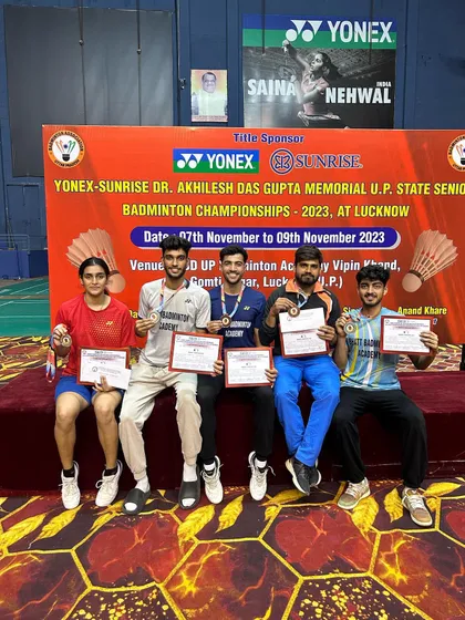 My athletes display their medals at the UP State Senior Badminton Championship in Lucknow. This includes silver in Men's Doubles and Women's Doubles, and bronze in Men's Doubles.