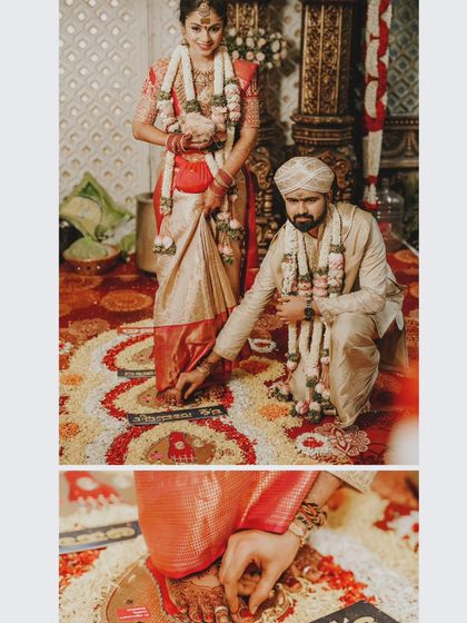 A collage showing the Saptapadi ritual, a key part of the Hindu wedding ceremony.
