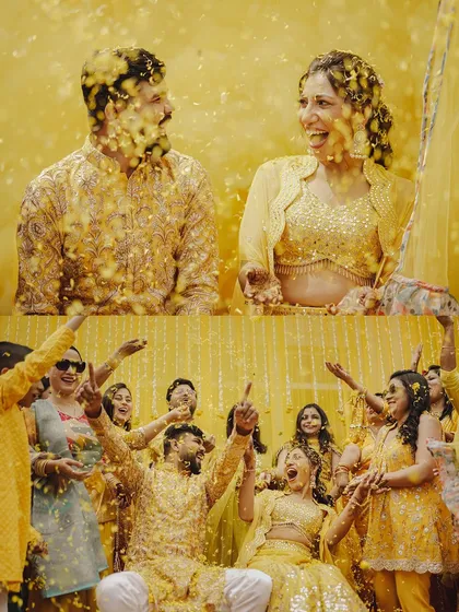 The pure, uninhibited joy of a Haldi ceremony. We capture the fun and candid moments as the couple is showered with flower petals by their loved ones, creating a memory full of laughter and color.