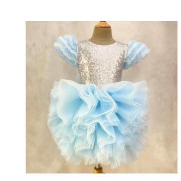 Another view of our popular "Frozen" inspired dress, showing the full sparkle of the sequin bodice. It's a dream come true for any little fan.