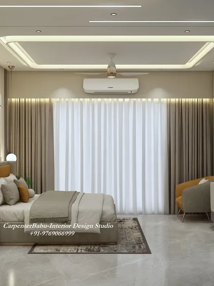A full view of the bedroom, showing the harmonious blend of modern design, artistic elements, and a calming color palette.