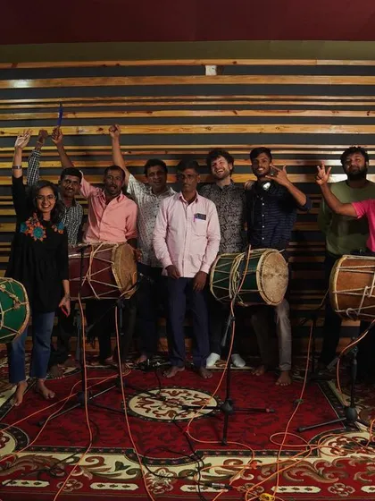 A group photo with the Dollu players from Sagara. It's all about family and celebrating the music together.