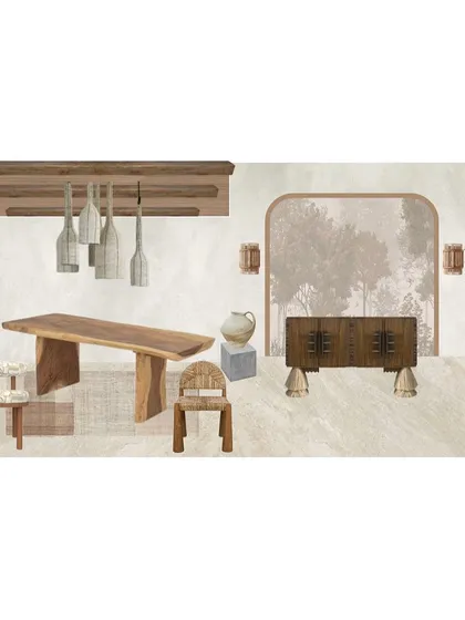 A dining room mood board with a wabi-sabi feel, focusing on a live-edge table, rustic pottery, and a muted, earthy color palette.