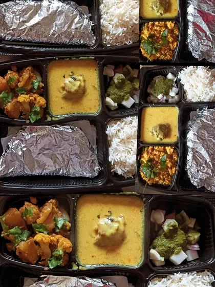 A collage showing two popular thali combinations: Kadi Pakoda with Aloo Gobi, and Kadi Pakoda with Paneer Bhurji.