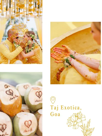 Details from a beautiful destination wedding at Taj Exotica, Goa, including personalized coconuts. We help you think of every little touch.