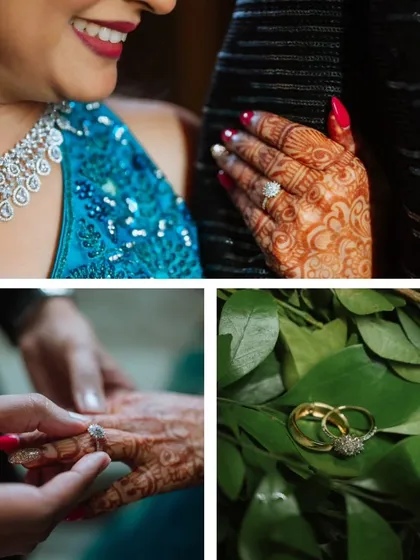 A collage showcasing the details of an engagement: the bride's smile, the intricate henna, the moment the ring is placed, and a creative shot of the rings on a bed of leaves.