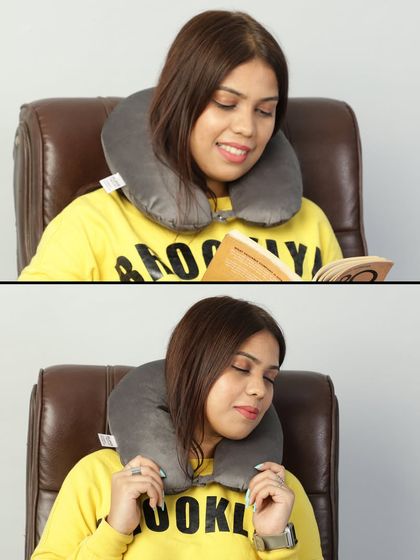 A composite image showing two ways to use the neck pillow, for reading and relaxing.