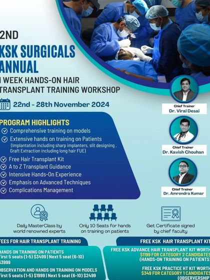 The program highlights for our annual workshop, which includes a free advanced hair transplant kit for participants who opt for hands-on training on patients.