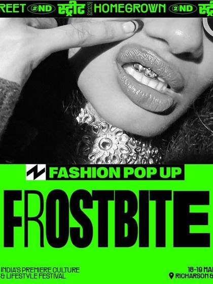 A promotional graphic for our pop-up at the Homegrown Street festival. The black and white close-up shows a bold, confident look, capturing the energy of street style and high fashion that our grillz represent.