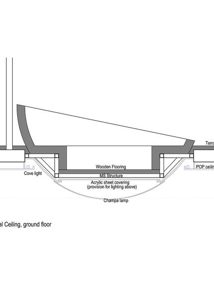 The section drawing for the hemispherical ceiling detail in the Outré House, showing the relationship between the wooden flooring above and the cove-lit ceiling below.