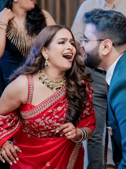 The pure joy of celebrating your happiest day. This candid shot from a reception party shows how my makeup is made for dancing, laughing, and living in the moment, all while looking absolutely flawless.
