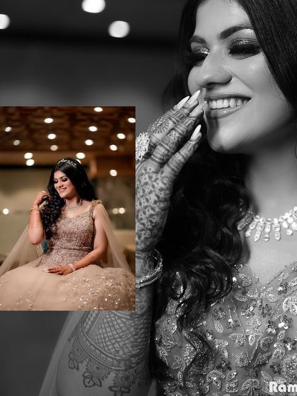 A beautiful collage highlighting the bride's joyful smile and the intricate details of her henna and jewelry.